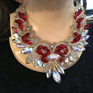 Exquisite Shimmer Red & Iridescent Royalty Statement Necklace   Dr1